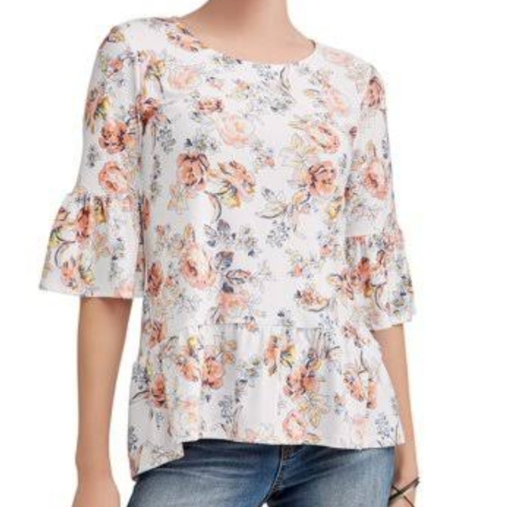 No Comment Floral Ruffle Sleeve Peplum Blouse Size Medium